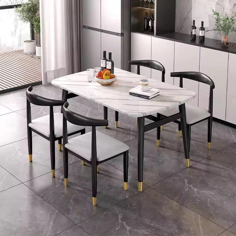 MFurn Modern Dining Table Set for 4 with Upholstered Chairs, Round Breakfast Table with Black Metal Legs ,Stylish Living Room Furniture-Available in Black or White Options