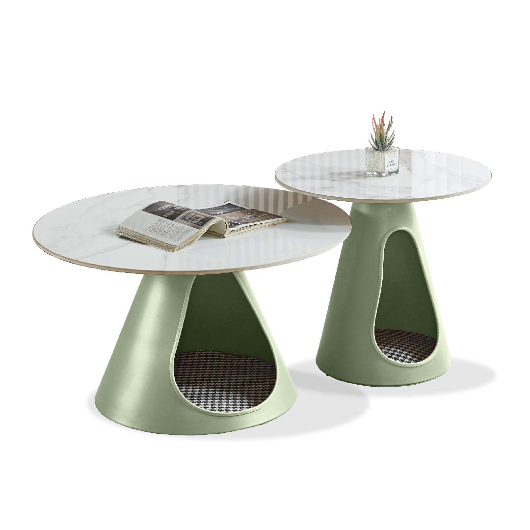 MFURN Modern Minimalist Round Stone Slab Iron Coffee Table 2-Tier For Living Room