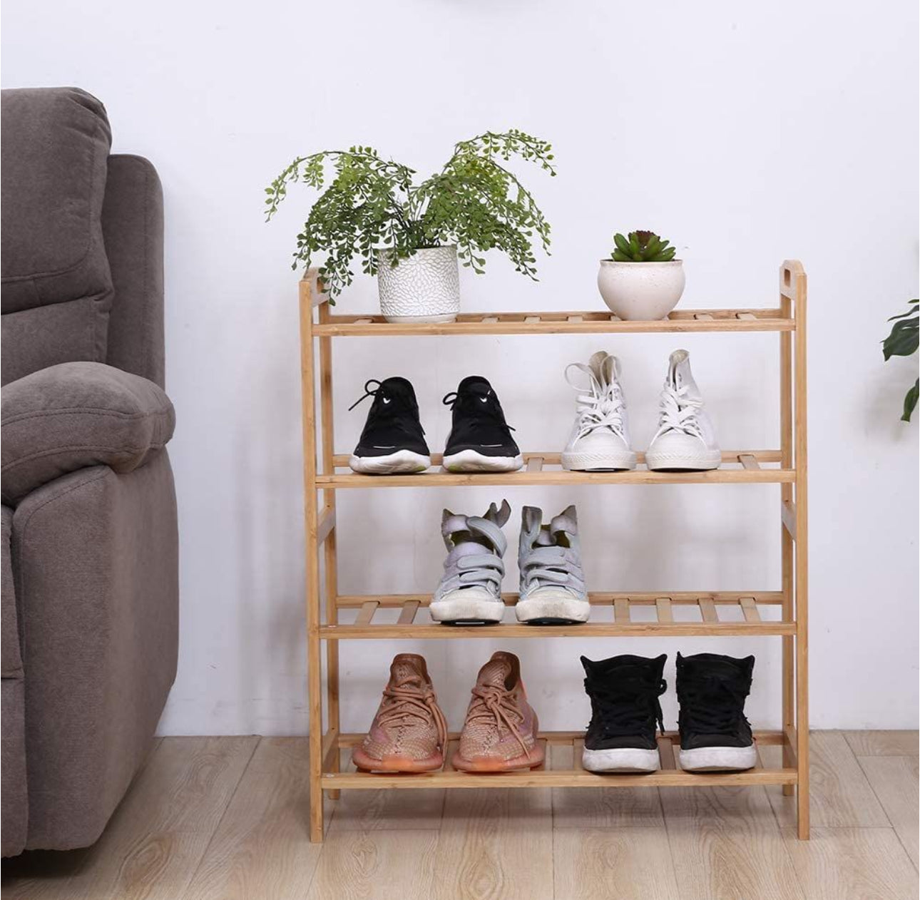 Bamboo Wood Storage / Shoe Rack With 4 Tier 12 Pairs Shoe Shelf Storage Organizer