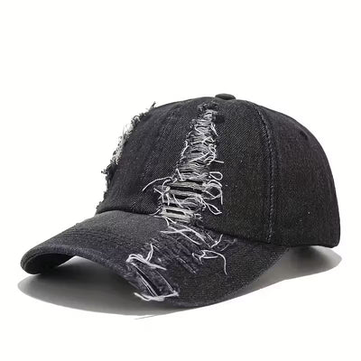 Unisex Ripped Distressed Denim Baseball Cap Trucker Hat Adjustable, Blue or Black Colours