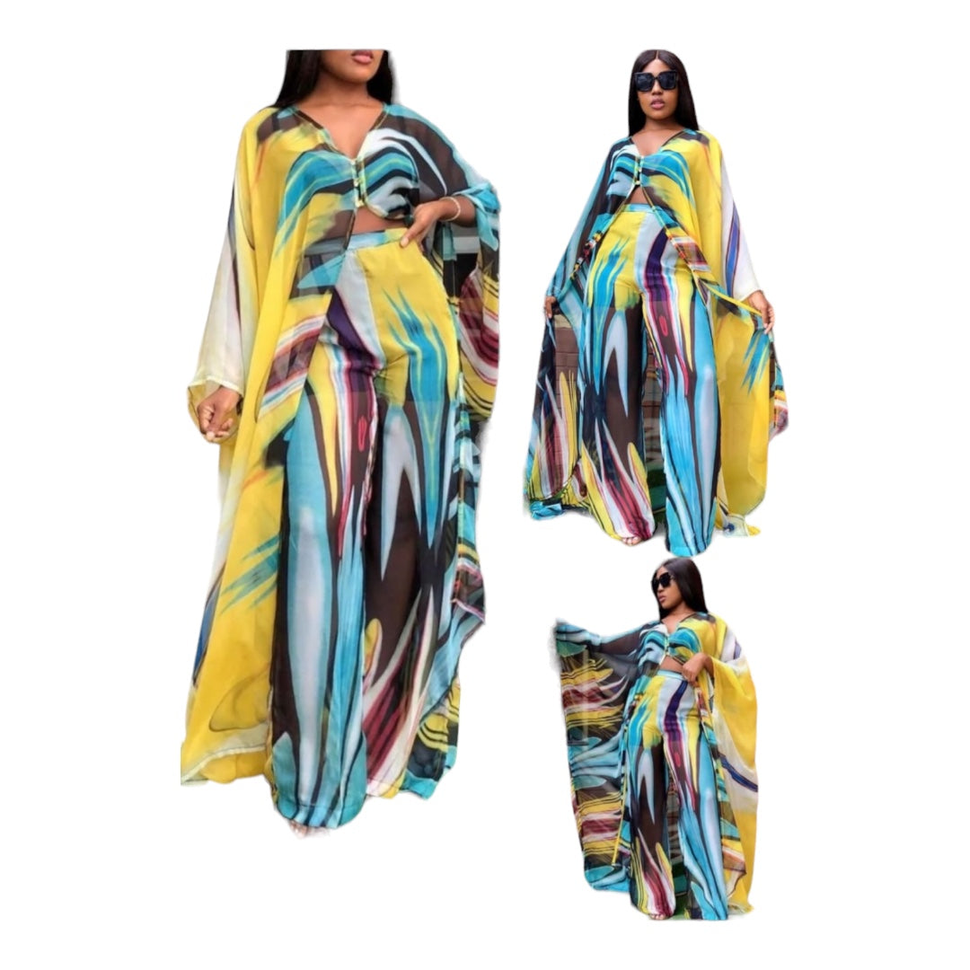 African Outfits Evening Women Print Open Kaftan Long Pants Set  2pc Set