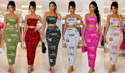 Ladies Bodycon 2pc Newspaper Print Skirt Free Size  -Various Colours