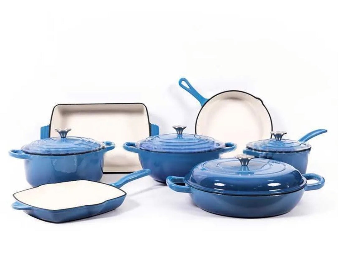 MHome 11 Piece Enameled Cast Iron Modern Non-Stick Cookware Set-Various Colours