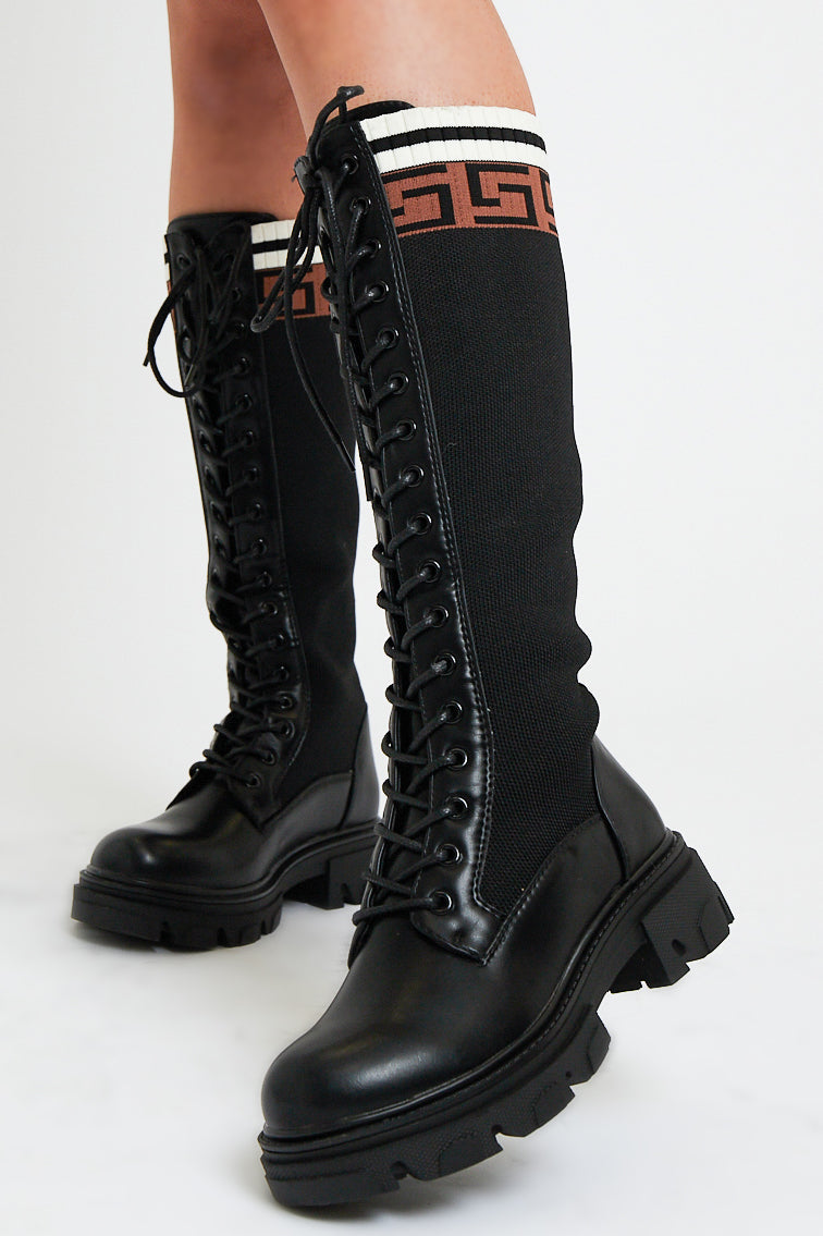 Ladies Black Pu Faux Leather Contrast  Detailing Knee High Boots