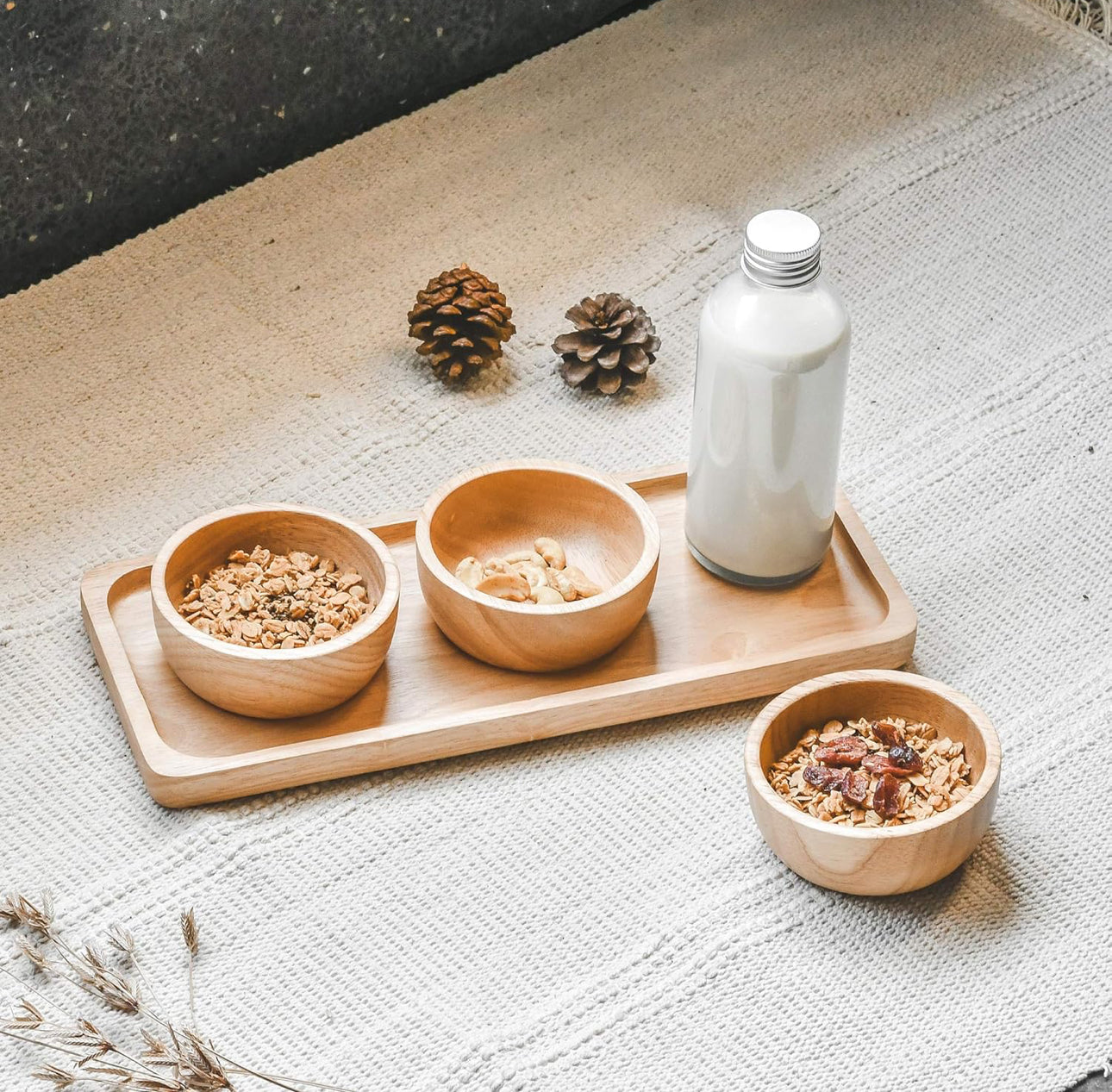 MHome 3pc Bamboo Snack Plate Set – Wooden Condiment Tray with 3 Serving Bowls