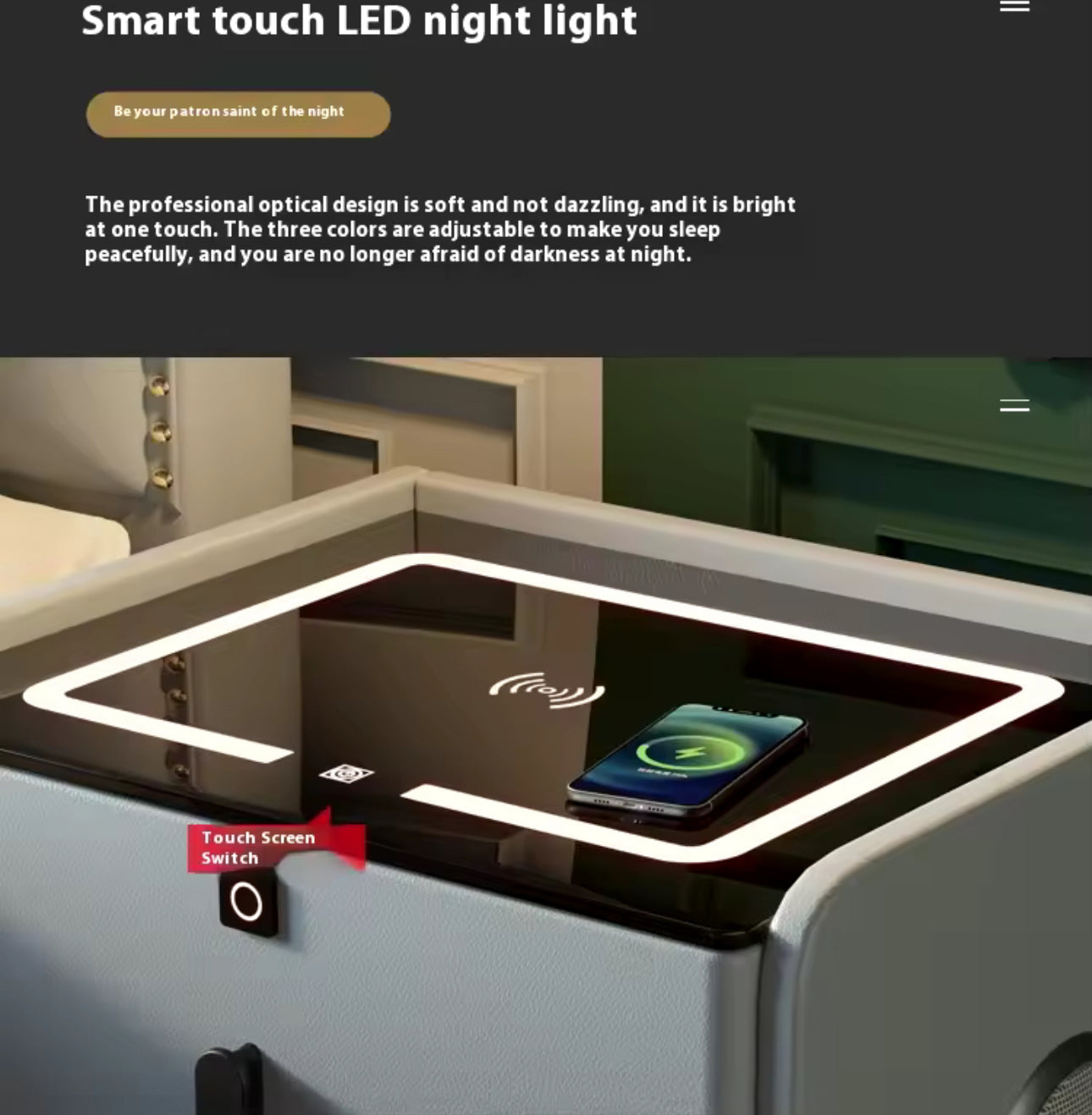 Smart Bedside Table BT, USB + LED +WIRELESS Charger - Various Colours