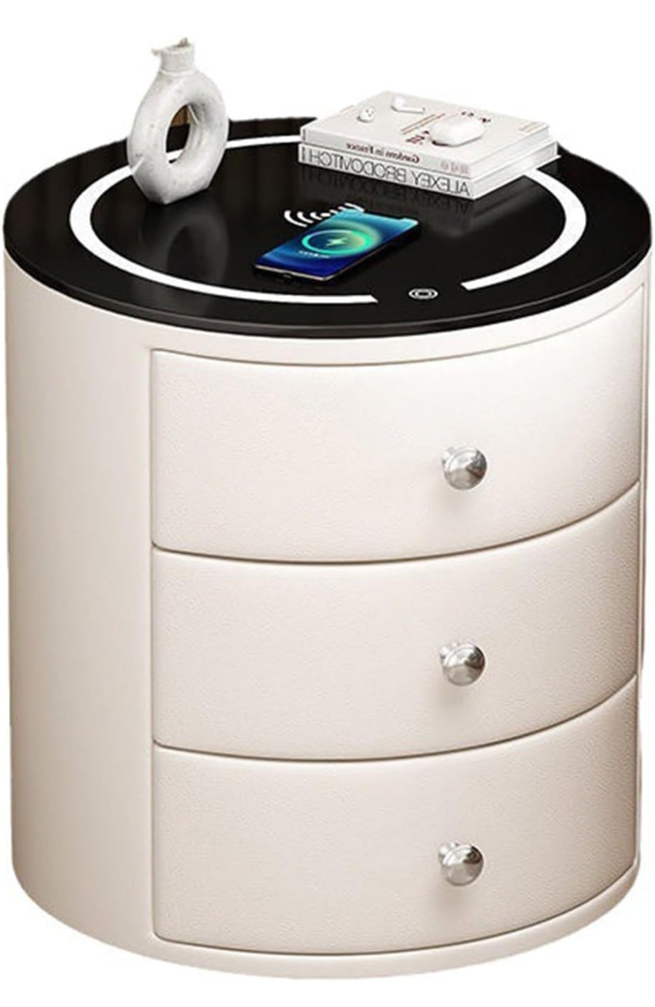 NORDIC White Nightstand with Charging Station Wireless,🛜 Bluetooth Speaker ,Adjustable LED Lights, Modern End Table with 3 Drawers for Bedroom, Simple Modern Bedroom Bedside Cabinet-Various Options
