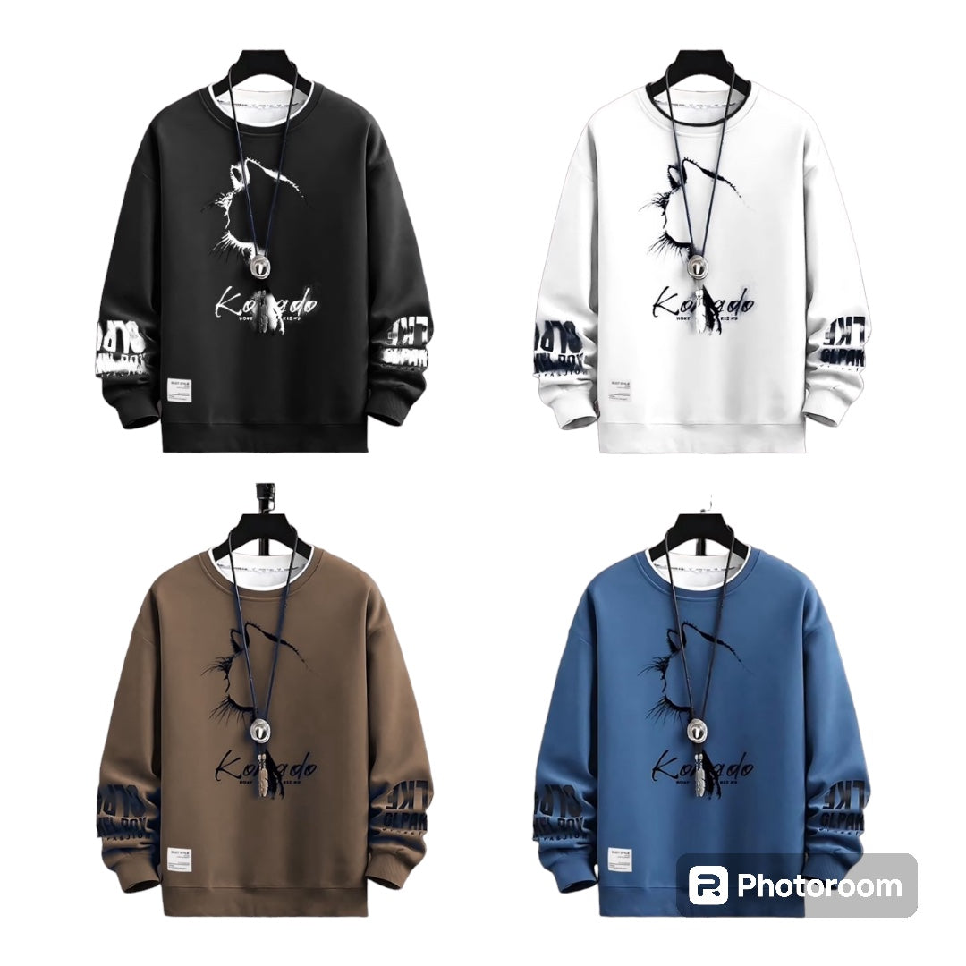 Autumn Men's Sweatshirt Sketch Cat Print Long Sleeve T-shirt Fashion Men's Clothing