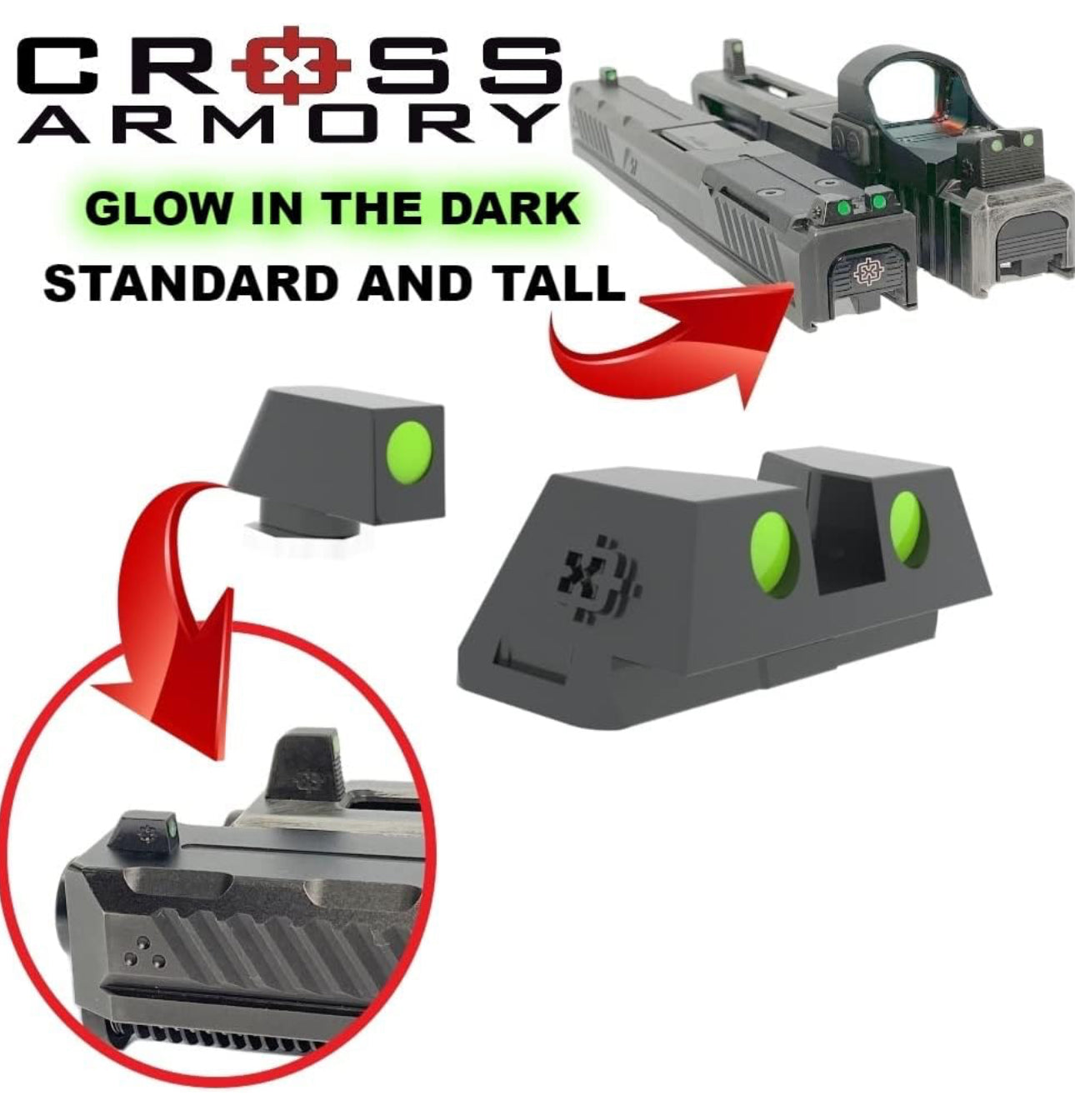 Glow in The Dark Night Sights Compatible with Glock- Standard Height - Black