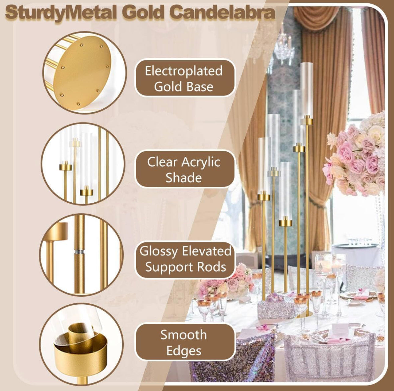MHome Gold 5-Arm Floor Candelabra Candle Holder – Tall Wedding & Event Décor Stand