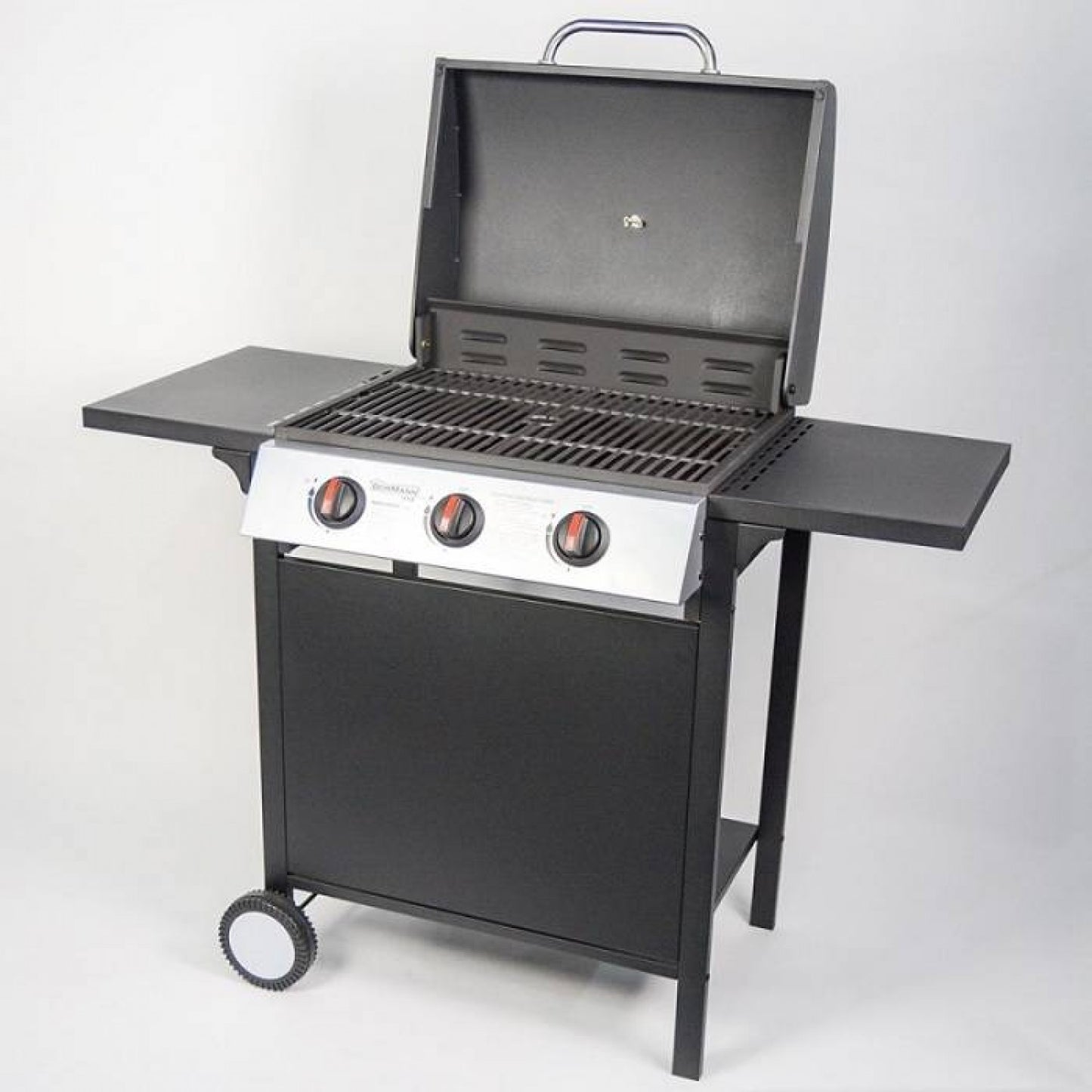 MHome Gas Grill 3 Burner With Cast Iron Grates, Thermometer And Side Shelves