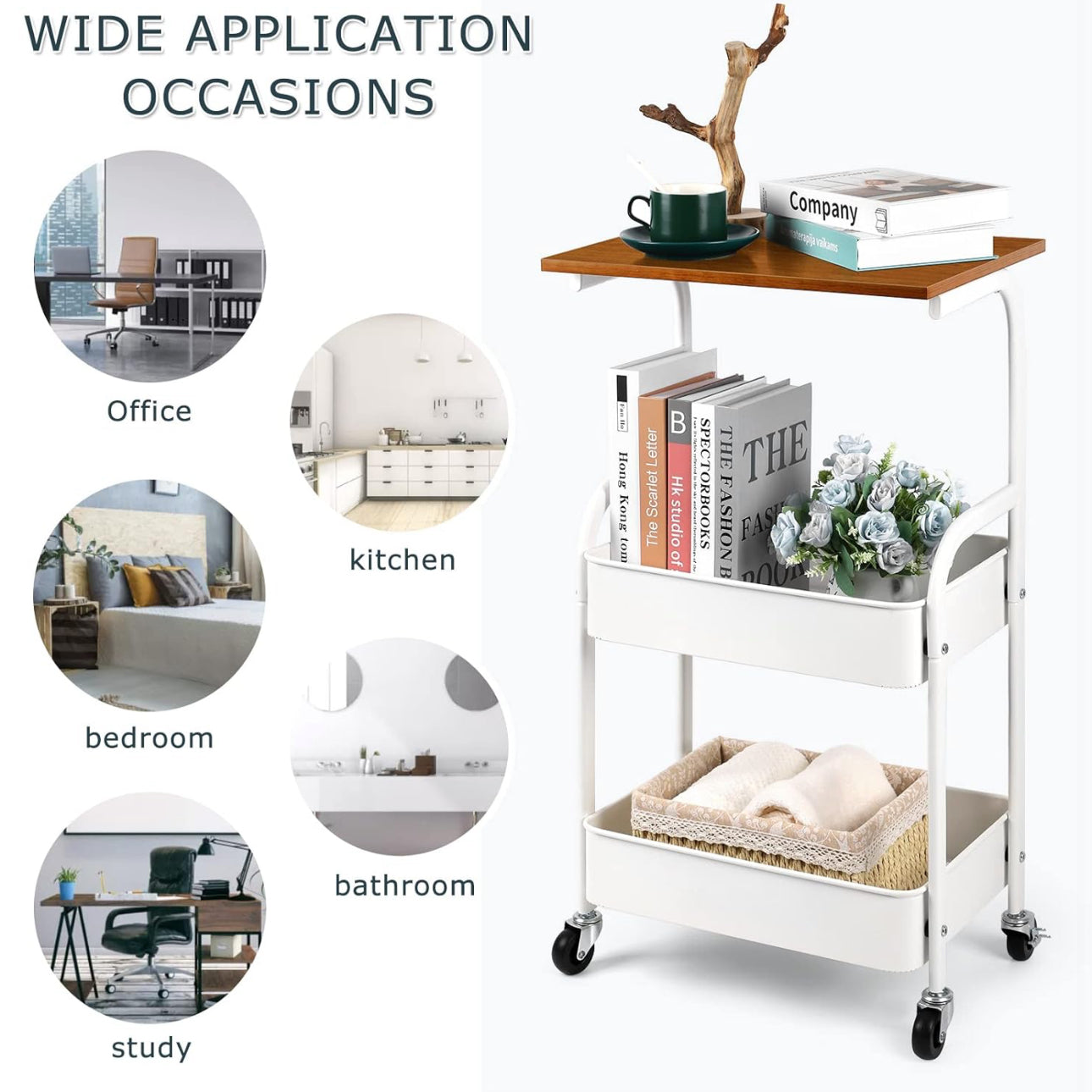 MHome 2-Tier Coffee Table Trolley – Rolling Storage Cart with Shelves, Metal Frame & Wood Finish