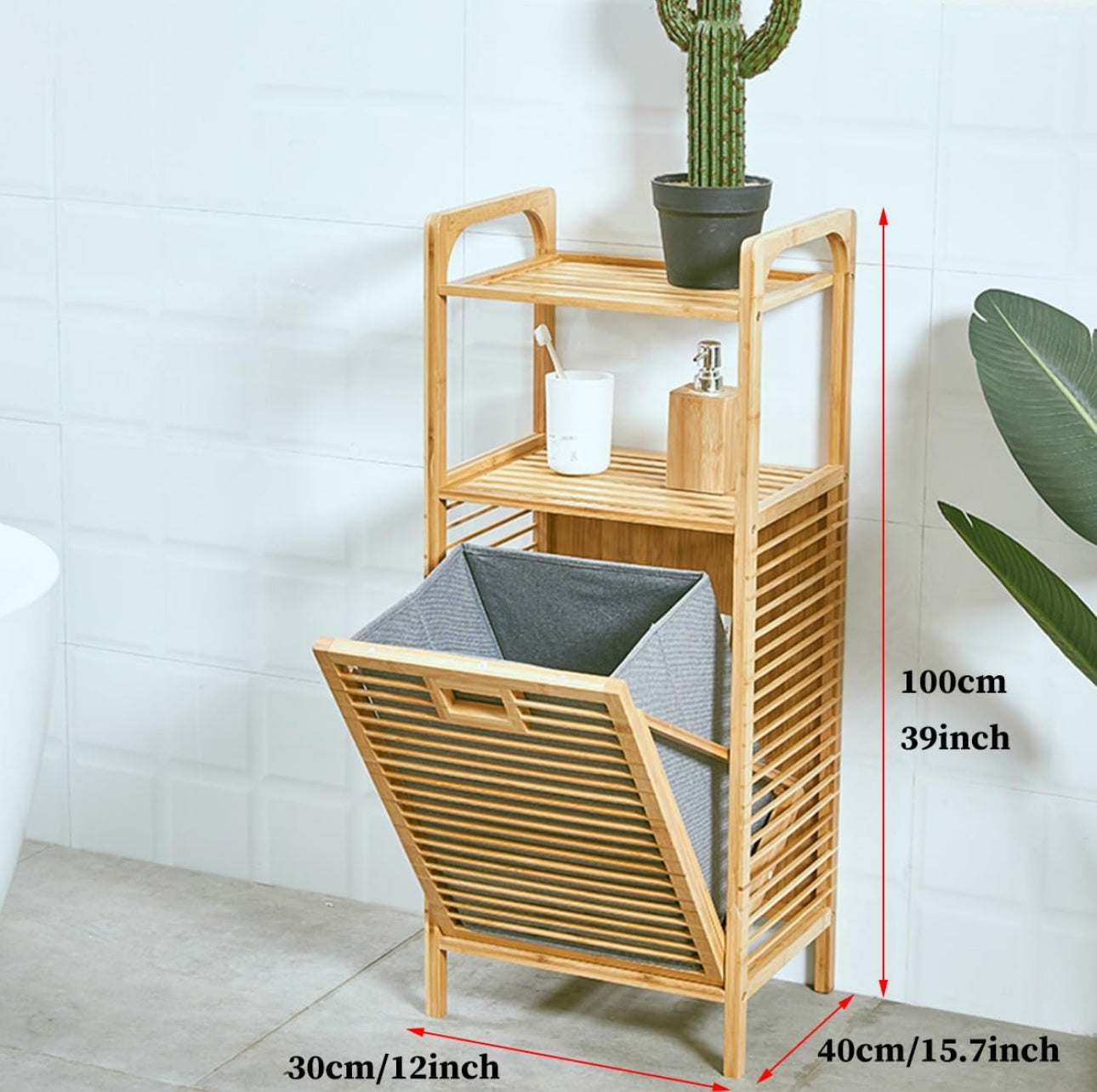 MHome Bamboo Laundry Basket Cabinet with Tilt-Out Hamper & Storage Shelf