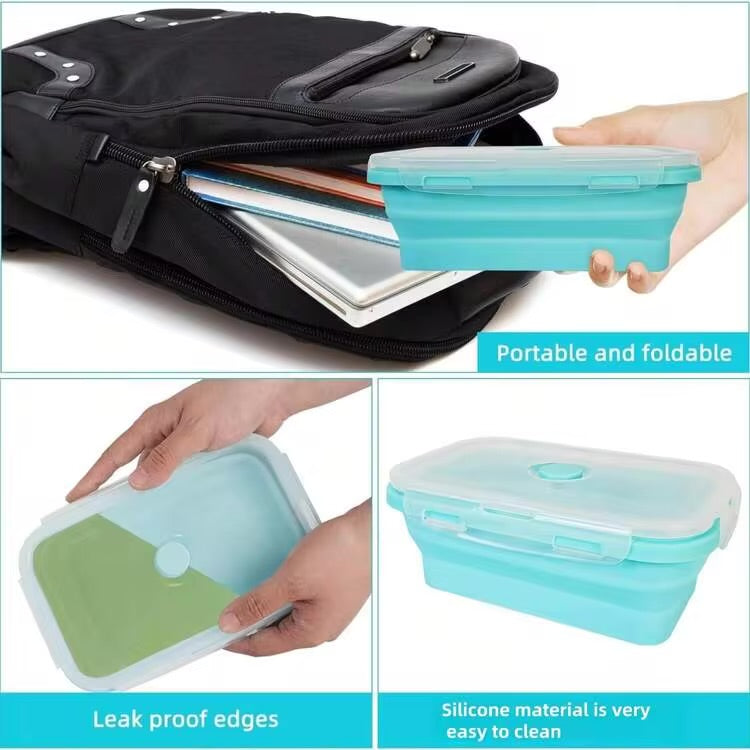 MHome 4pc Foldable Lunch Box, Silicone,With Sealed Lid And Ventilation Valve, Leak-Proof And Easy To Clean