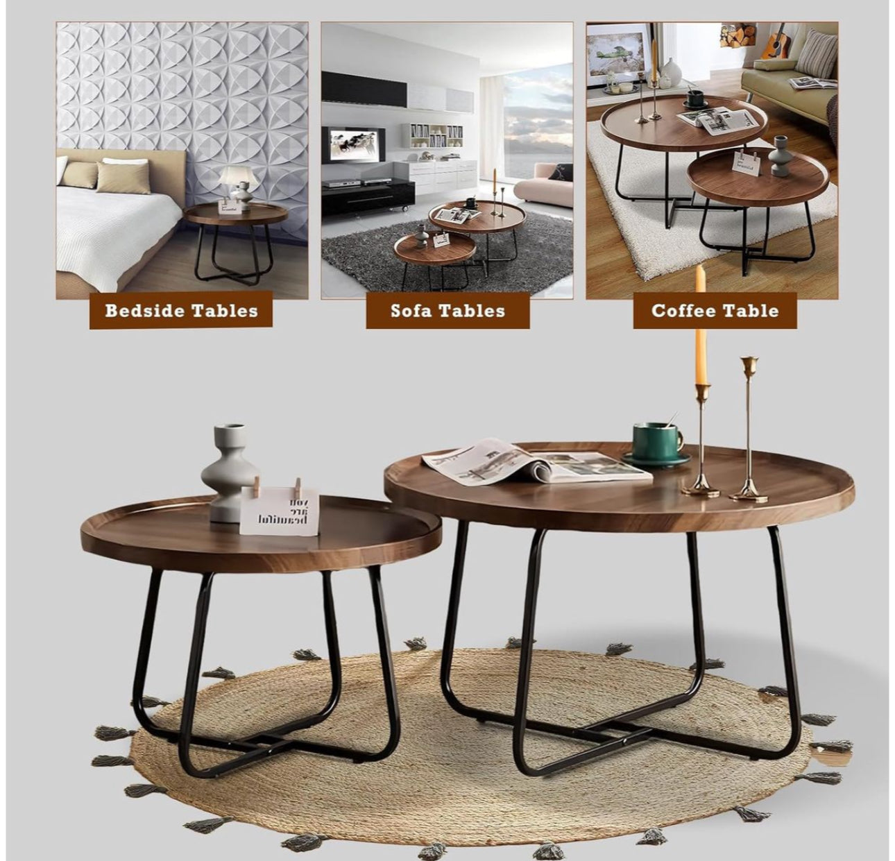 MFurn Nesting Coffee Table Set – 2-Piece Round Sofa Side & End Tables