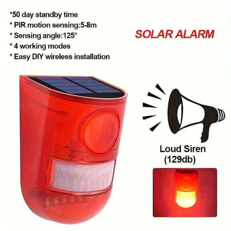 MHome Solar-Powered Security Alarm with 129Db Siren 6 LED Flashing Warning 400Mah Rechargeable Lithium