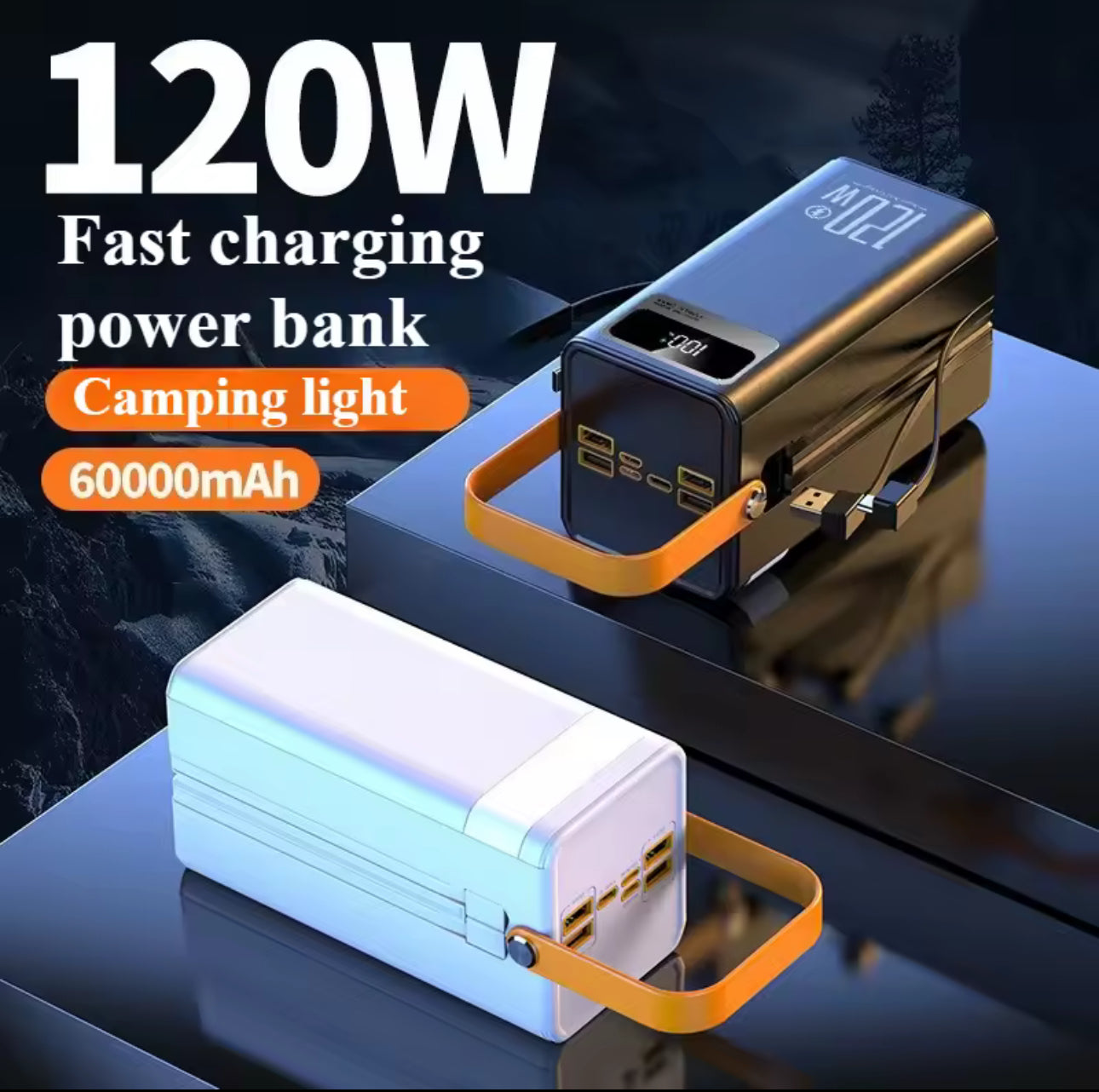 MTech 120W 60000mAh  Power Bank with Built-in Cables | LED Camping Light | 4 USB + Type-C + Lightning + Micro | Black & White