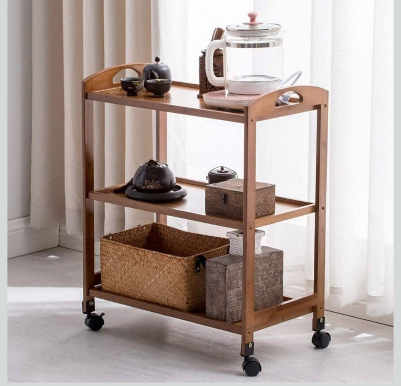 MFurn Bamboo Kitchen Trolley,3 Tier Kitchen Storage Rack Serving Trolley Island Cart with Rotating Wheels.