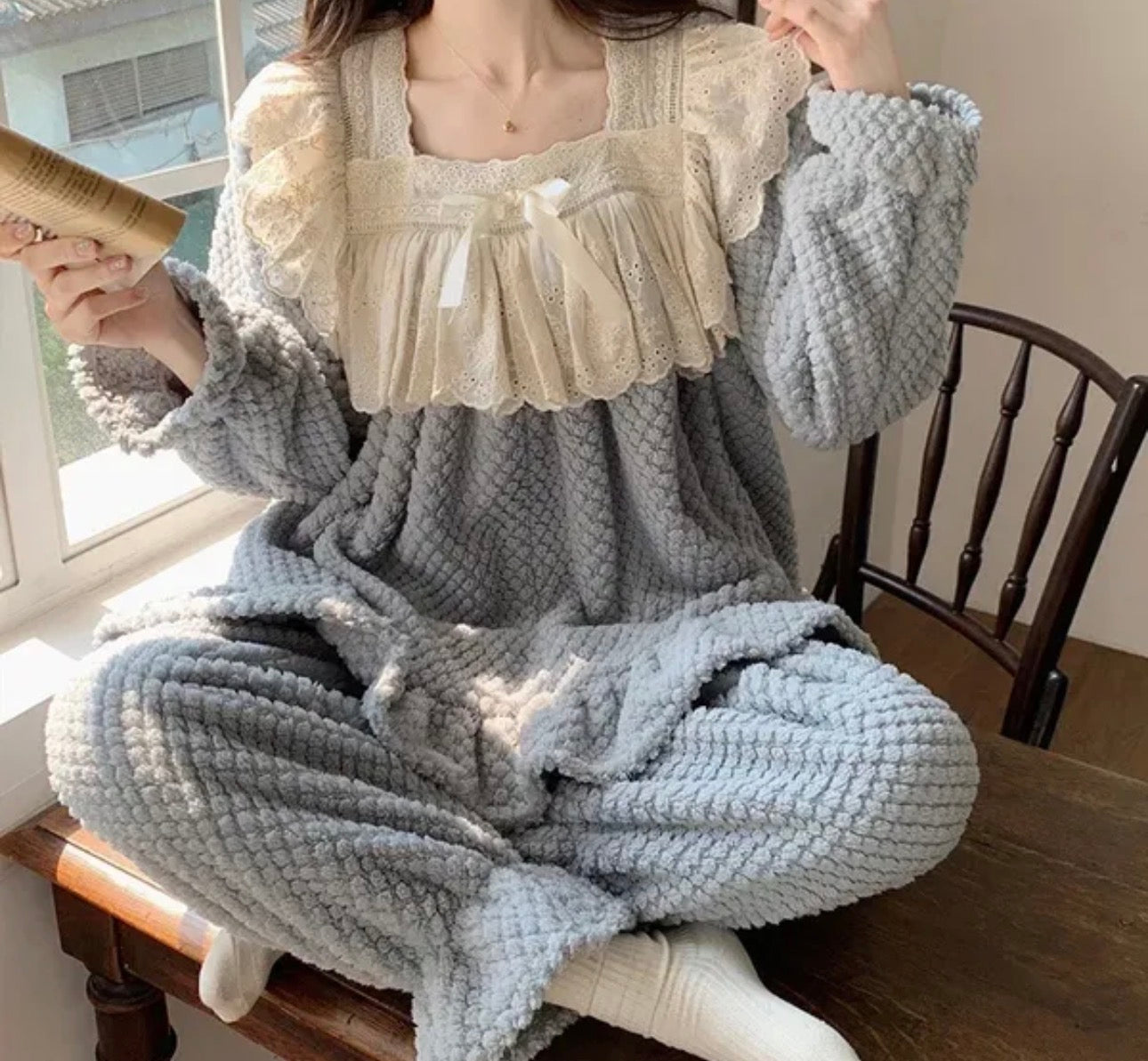 Ladies Coral Fleece Pyjamas  Autumn/Winter Thick Padded Warm Sweet Lace Suit Winter-Various Colours