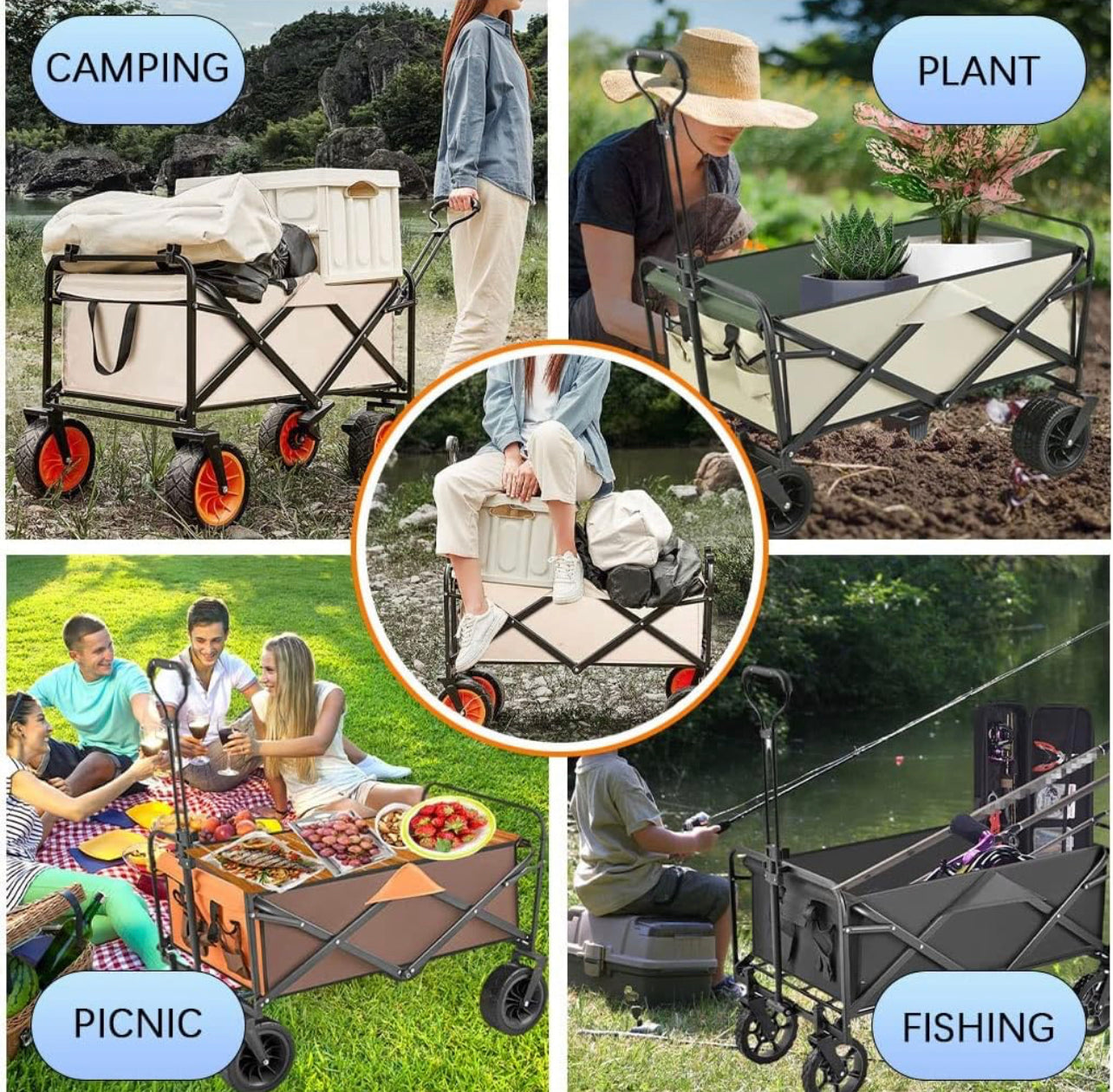Collapsible Folding Wagon, Heavy Duty Utility Wagon Cart Foldable Collapsible Wagon With All-Terrain Wheels Outdoor Camping Garden Cart