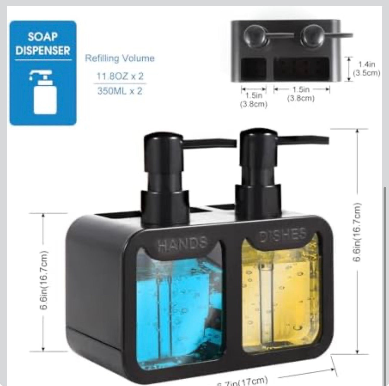 MHome Kitchen Soap Dispenser Set, with Hand and Dish Soap, Sponge Caddy and Brush Holder 4-in-1 Kitchen Dual Soap Dispenser Set for Kitchen Sink, Bathroom - Black or White