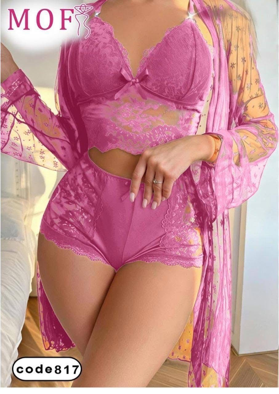 Womens Sexy Lingerie Robe Set - 3 Piece Women's Lingerie Lace Floral Robe with Bra and Panty Set Babydoll Sheer Nightgown-Various Colours
