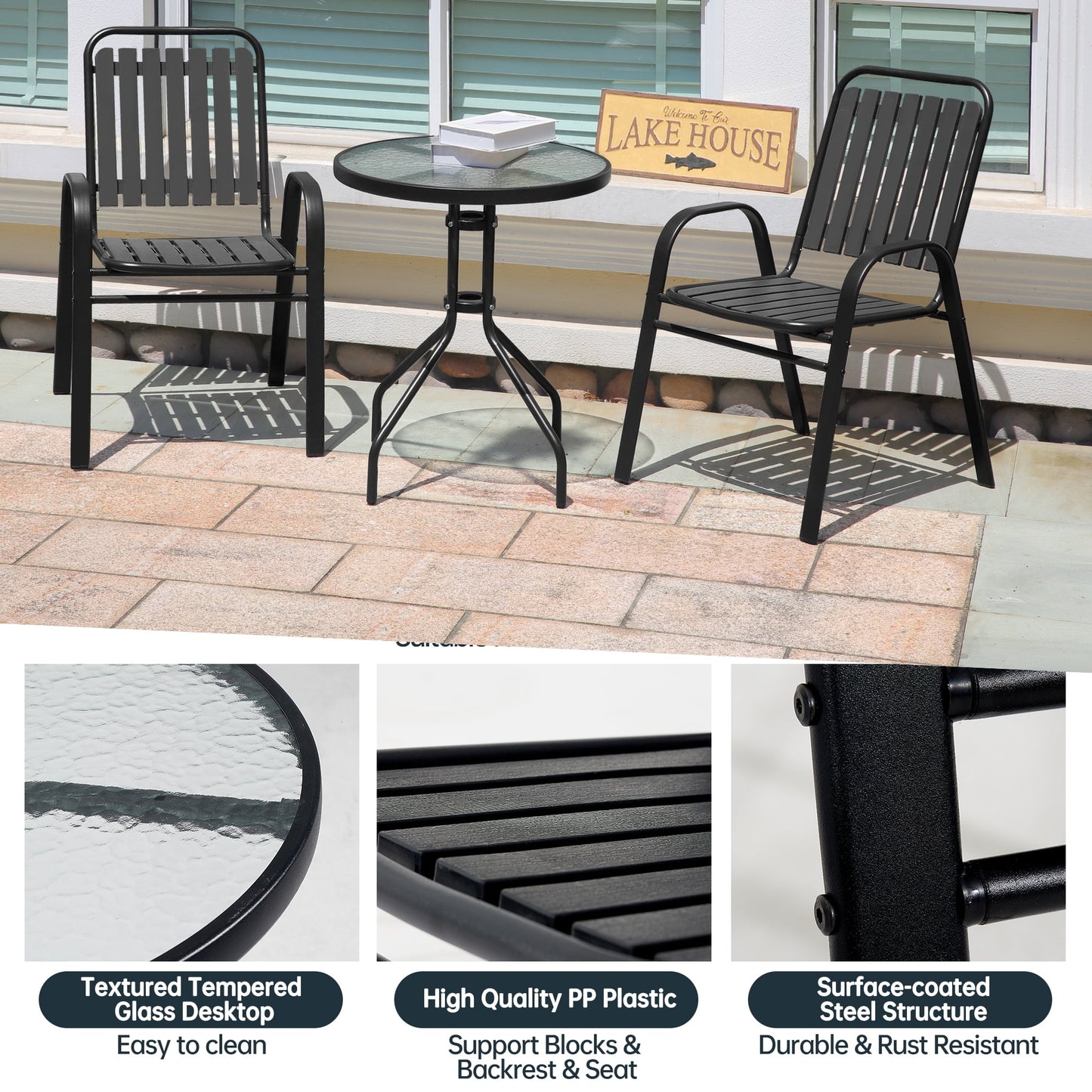 MFurn Dwight 3-Piece Outdoor Bistro Patio Set – Metal & Glass Table with 2 Chairs (Black)
