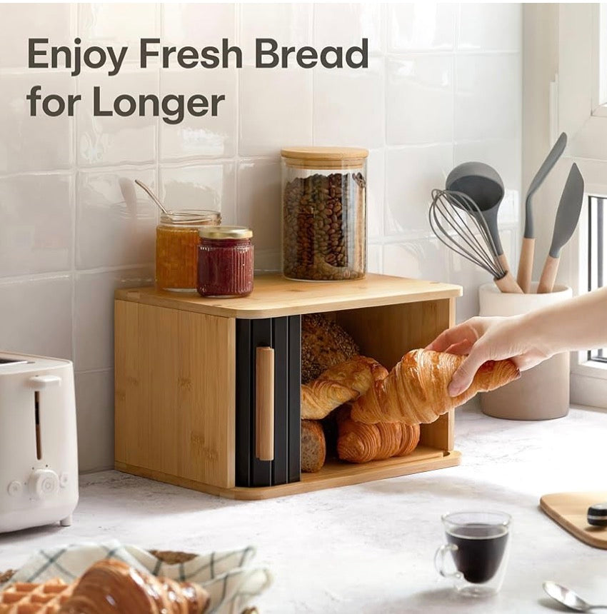 MHome Wooden Bread Box for Kitchen – Keeps Bread Fresh for Longer – Space Saving Design – Black or White Options