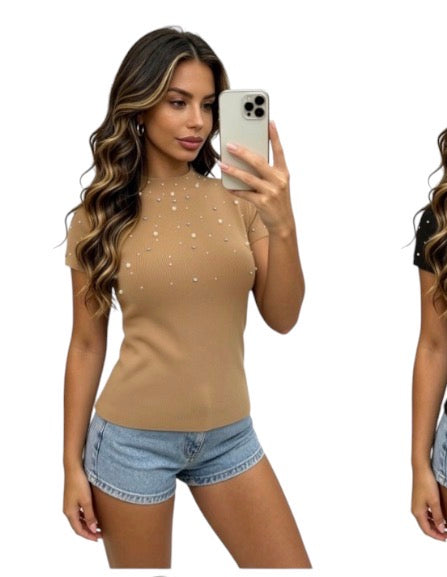 Ladies Pearl Embellished Short Sleeve Tops-Various Colours