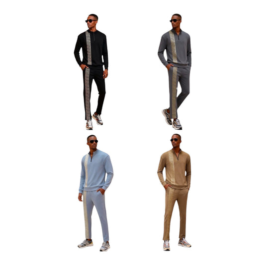 Men's Fashion Casual Zipper Up Collar Long Sleeved 2pc Set-Various Colours