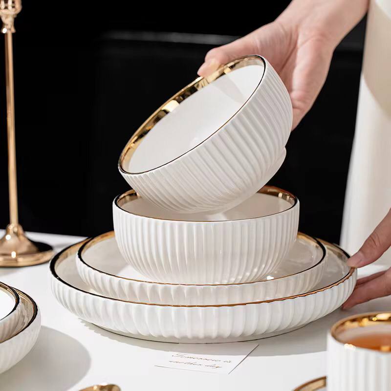 MHome White With Gold Trim 32pc Dinner Set