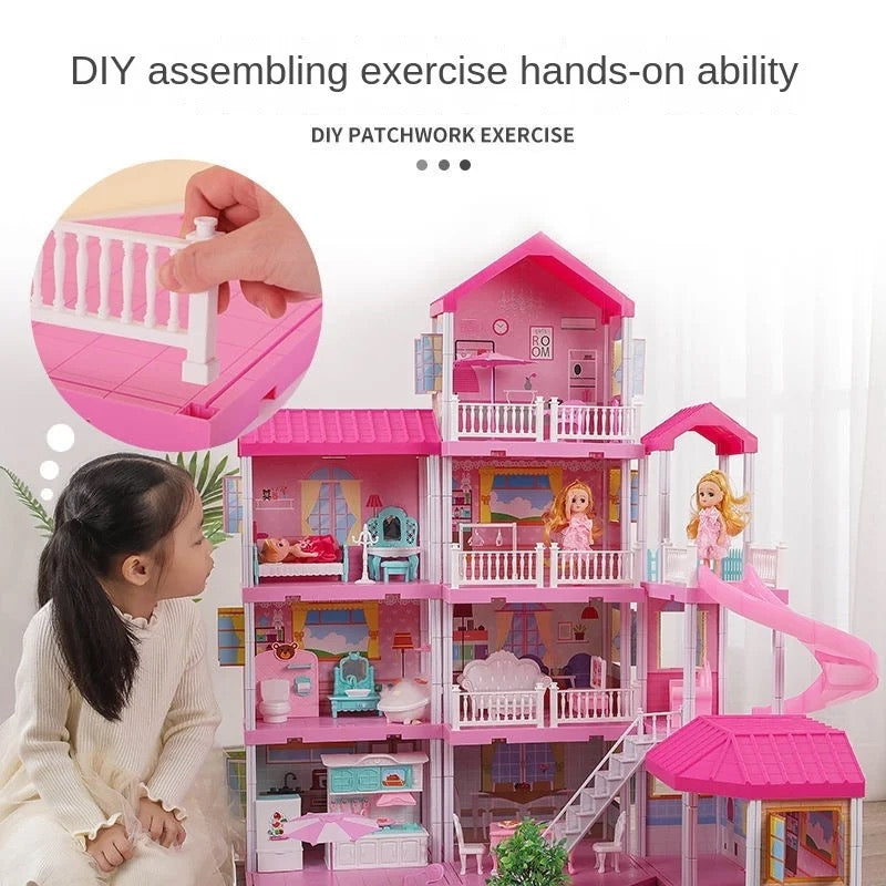 Princess Villa DIY Dollhouses Pink Castle Play With Slide Yard Kit Assembled Doll House Toy Birthday New Year Gift