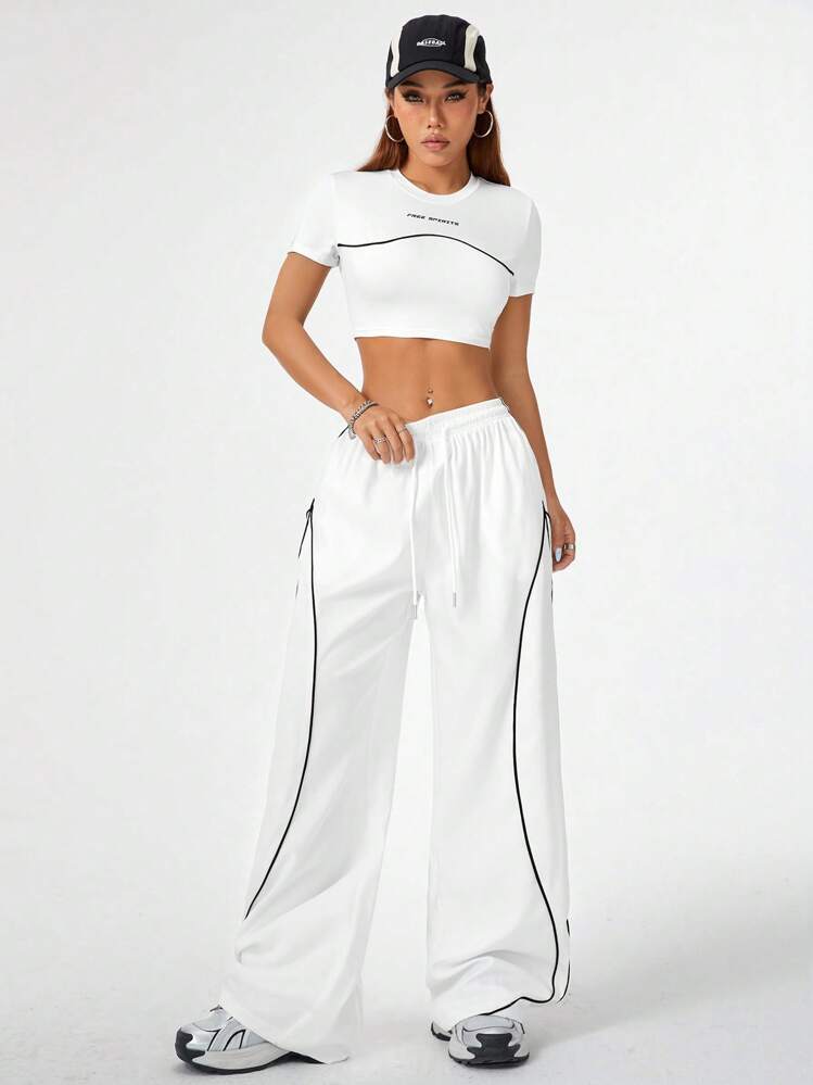 Women's Casual Streetwear T-Shirt And Wide Leg Pants 2pc Set- Various Colours