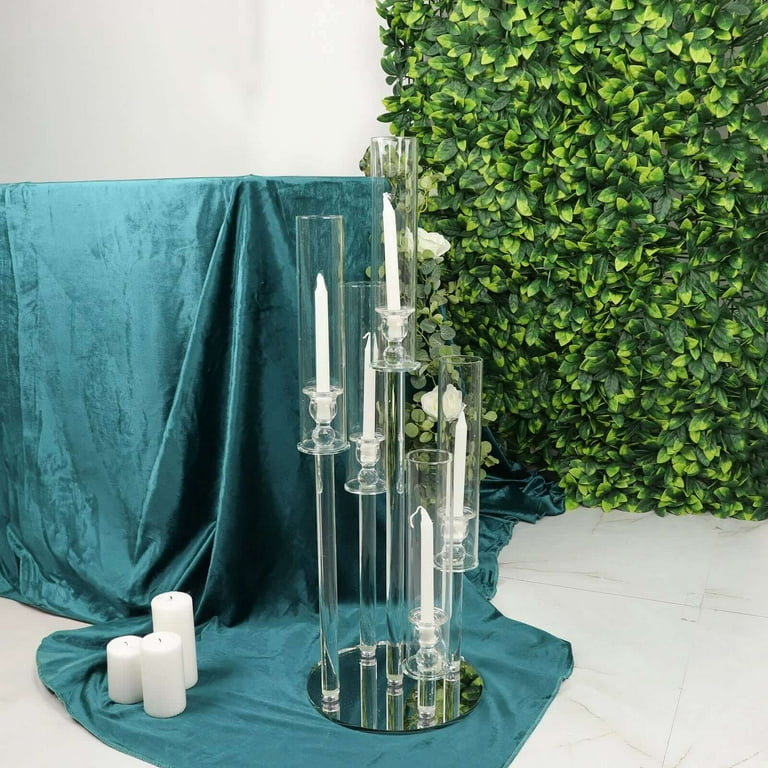 MHome  5-Arm Crystal Round Glass Taper Candle Candelabra, Pillar Candle Holder Wedding Centerpiece