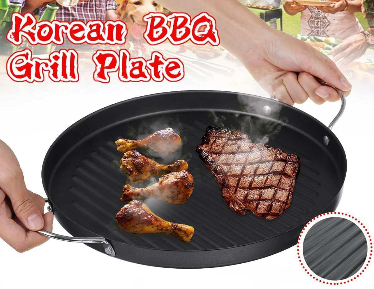 30cm Non-Stick Korean BBQ Grill Pan – Smokeless Round Frying Plate for Gas Stove & Outdoor Grilling