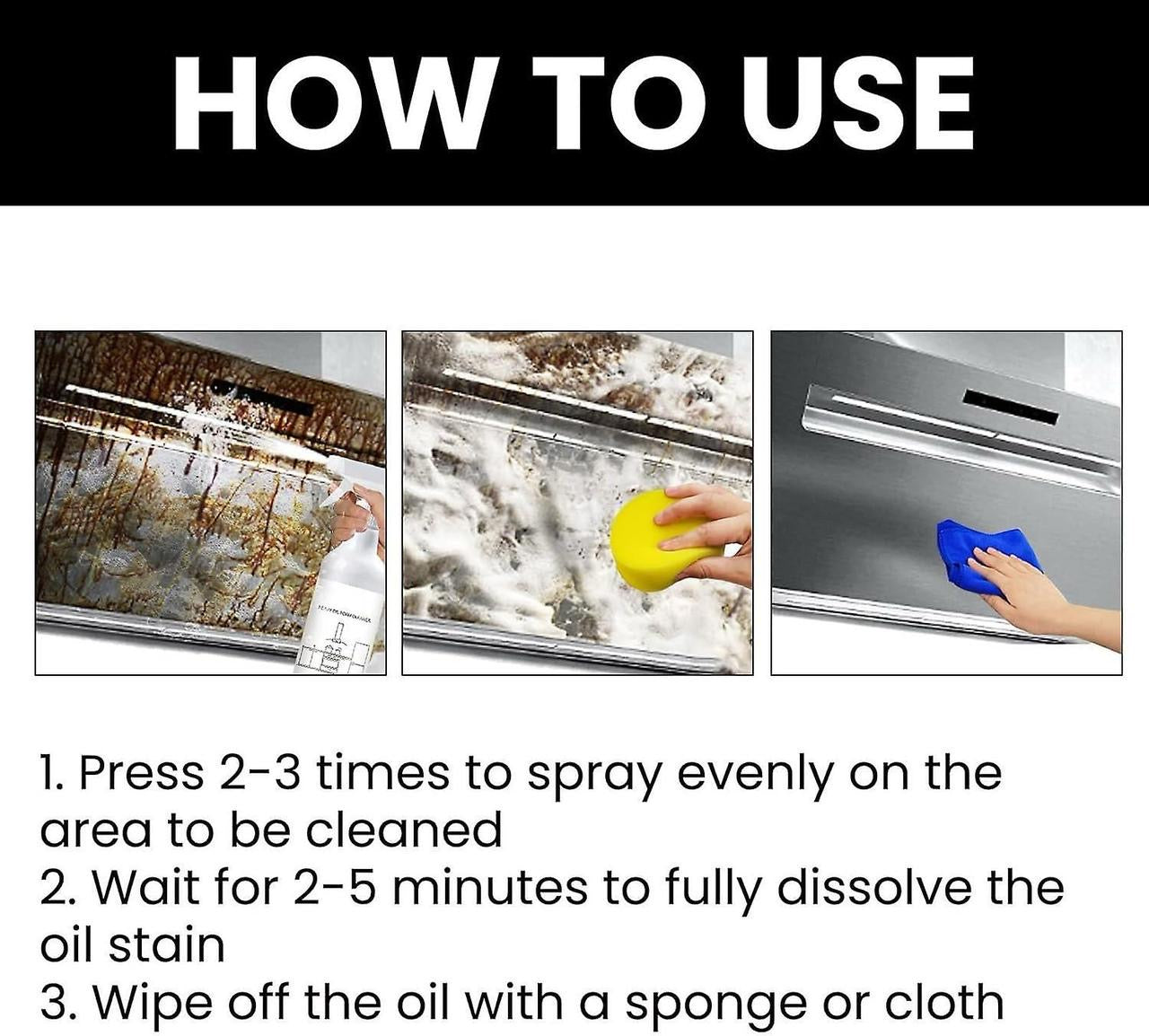 60ml Splash Foam Spray Heavy Oil Stain Remover, Grease & Dirt Foam Cleaner for Kitchen, Tub, Shower – Includes Sponge & Cloth