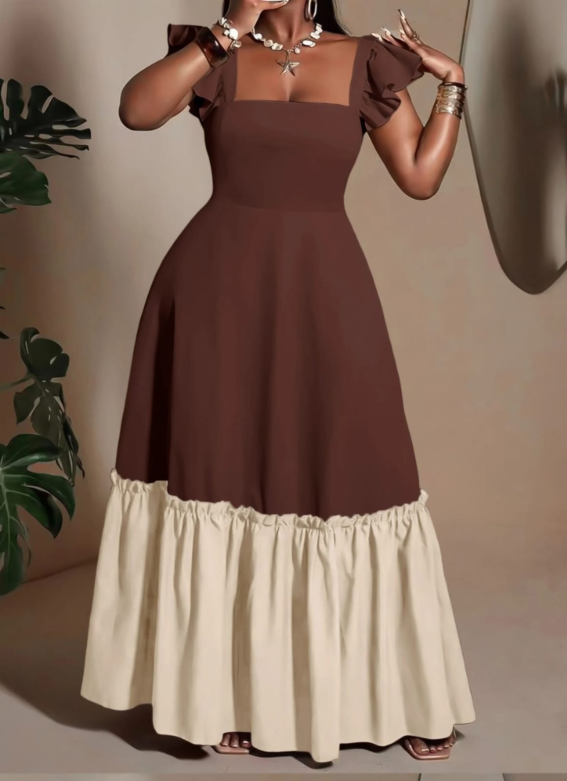 Ladies Two-Tone Ruffle-Sleeve Tiered Maxi Dress-Various Colours