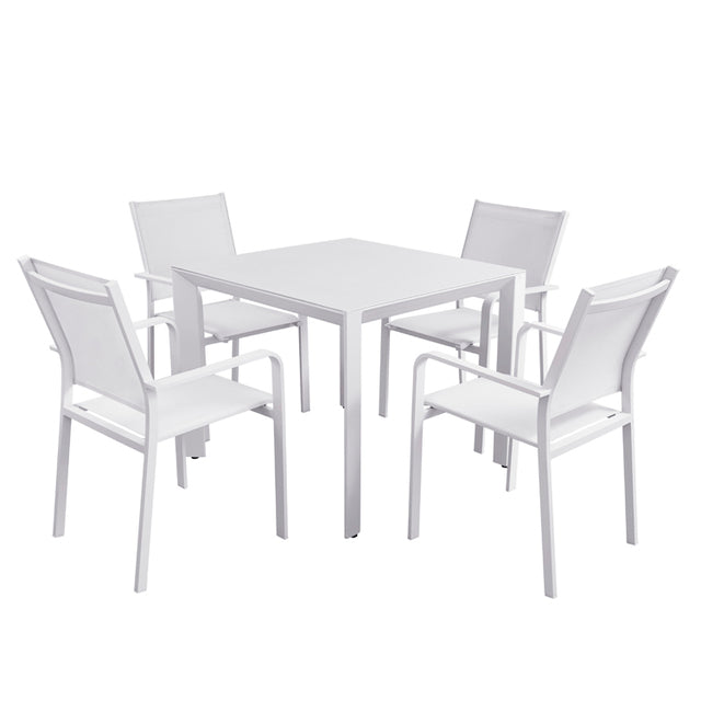 MFurn Zanele Inspired White 6pc  Outdoor Dining Set With Aluminium Frame Inc Umbrella+Base
