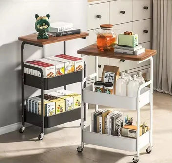 MHome 2-Tier Coffee Table Trolley – Rolling Storage Cart with Shelves, Metal Frame & Wood Finish