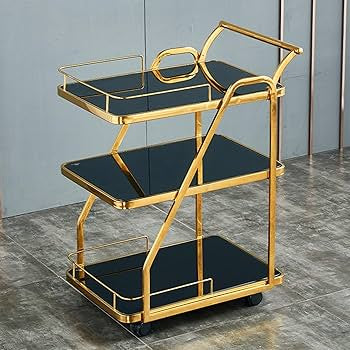 MFurn Gold Bar Carts with 3-Tier Storage Shelves, Home Bar Serving Carts.