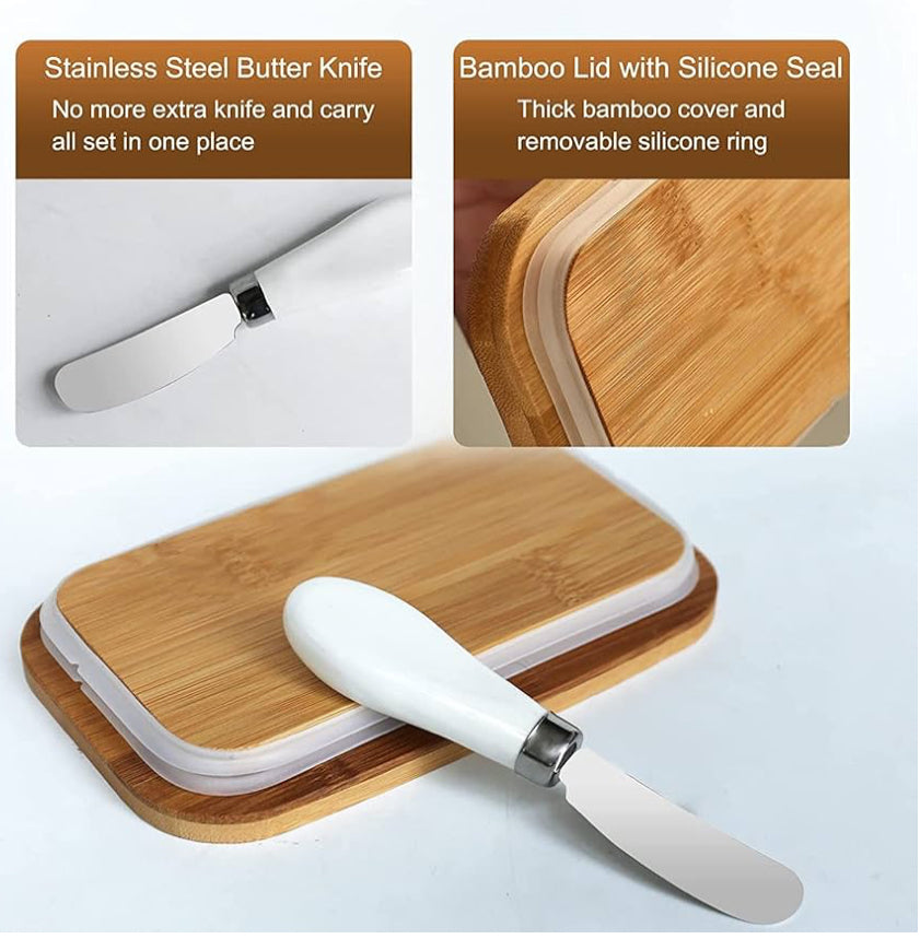 MHome Ceramic Butter Dish With Bamboo Wooden Lid & Butter Knife-Various Colours