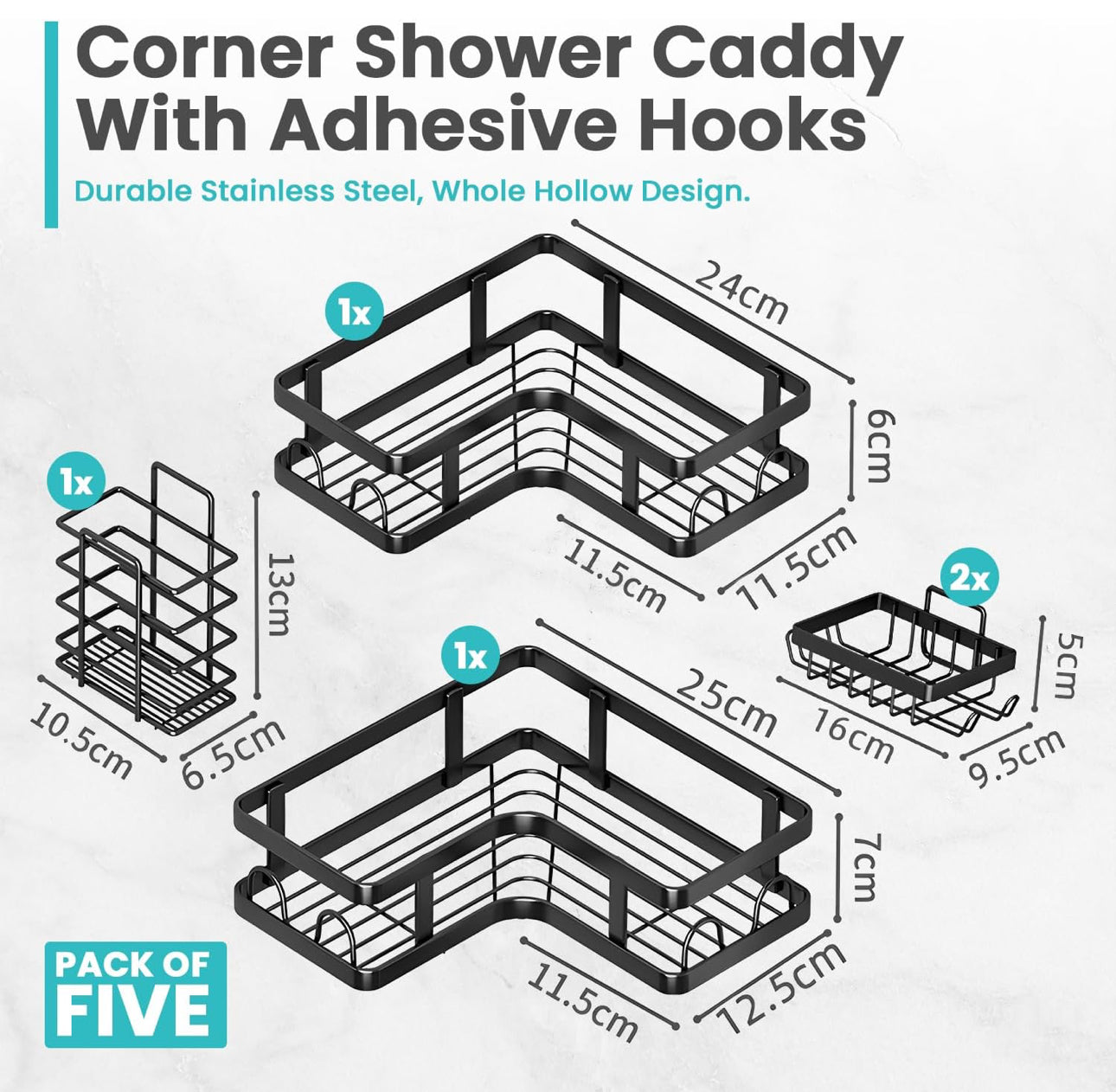 Corner Shower Caddy, Stainless Steel Shower Organizer Shelf with Soap Holder, Bottle Holder & Hook Wall-Mounted Shower Shelves with 16 Hooks, Bathroom Shower Rack (Black) 5pc