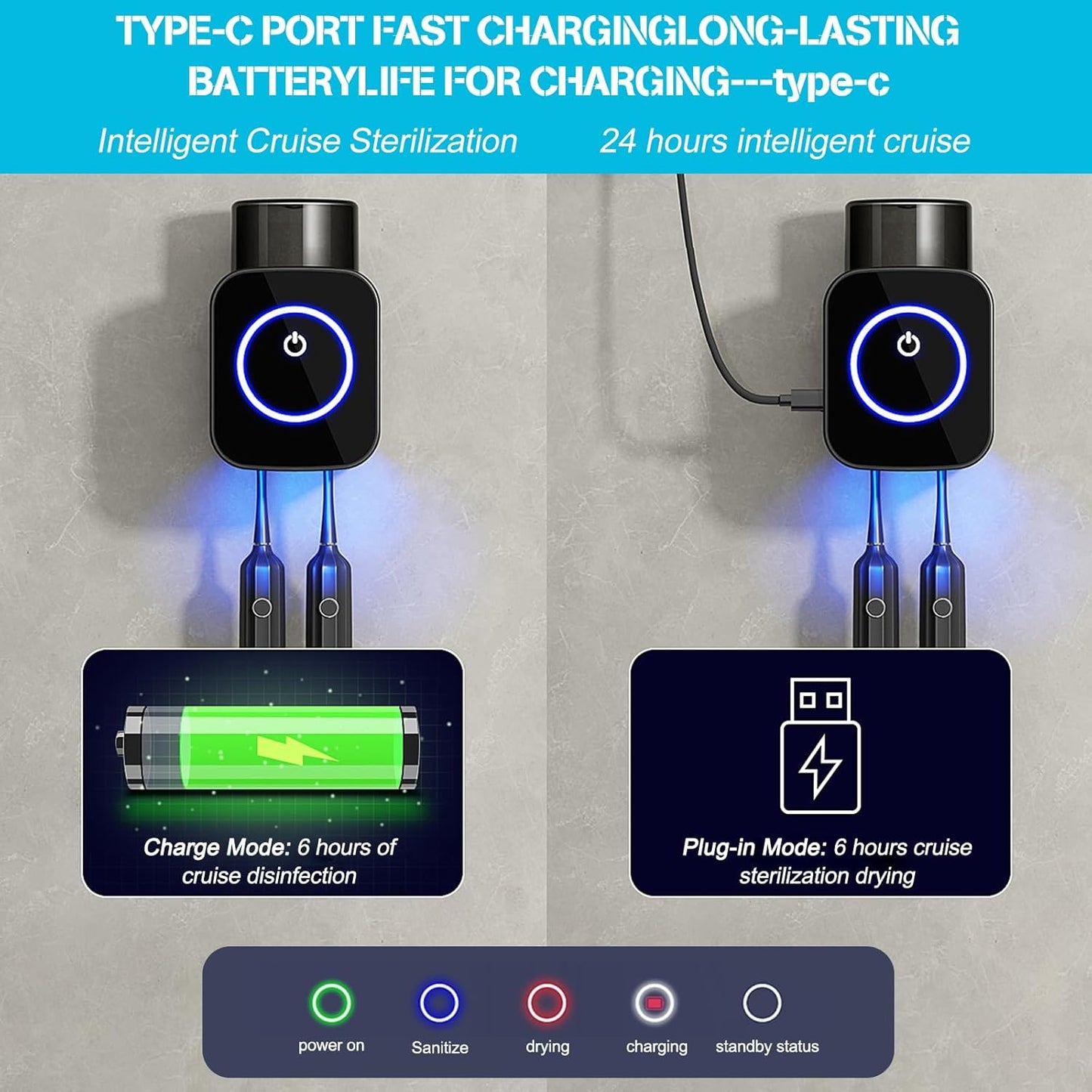 Electric Toothbrush Wall Mounted Sterilizer & Holder with Cup – USB Rechargeable