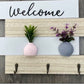 MHome Rustic Welcome Sign with hanging Hooks, Wooden Wall Mounted Shelf, White and Natural Wood, Farmhouse Style with Artificial Flower Vases
