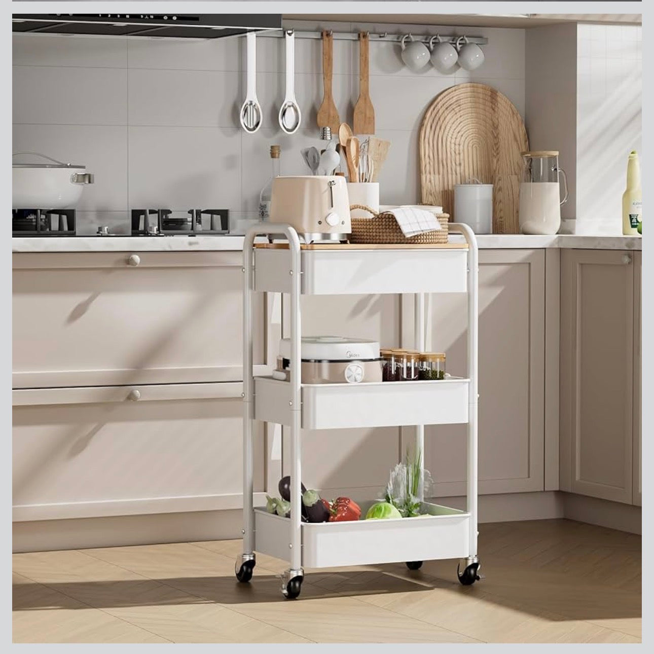 MFURN 3 Tier Rolling Cart with Table top, Metal Rolling Utility Cart on Wheels, Sturdy Storage Organizer Cart with Hooks for Office, Classroom, Kitchen and Bathroom (White)