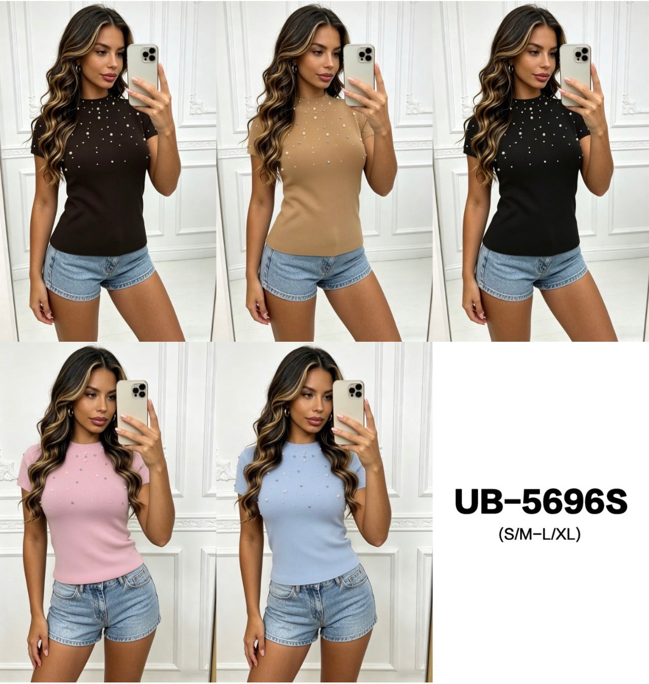 Ladies Pearl Embellished Short Sleeve Tops-Various Colours