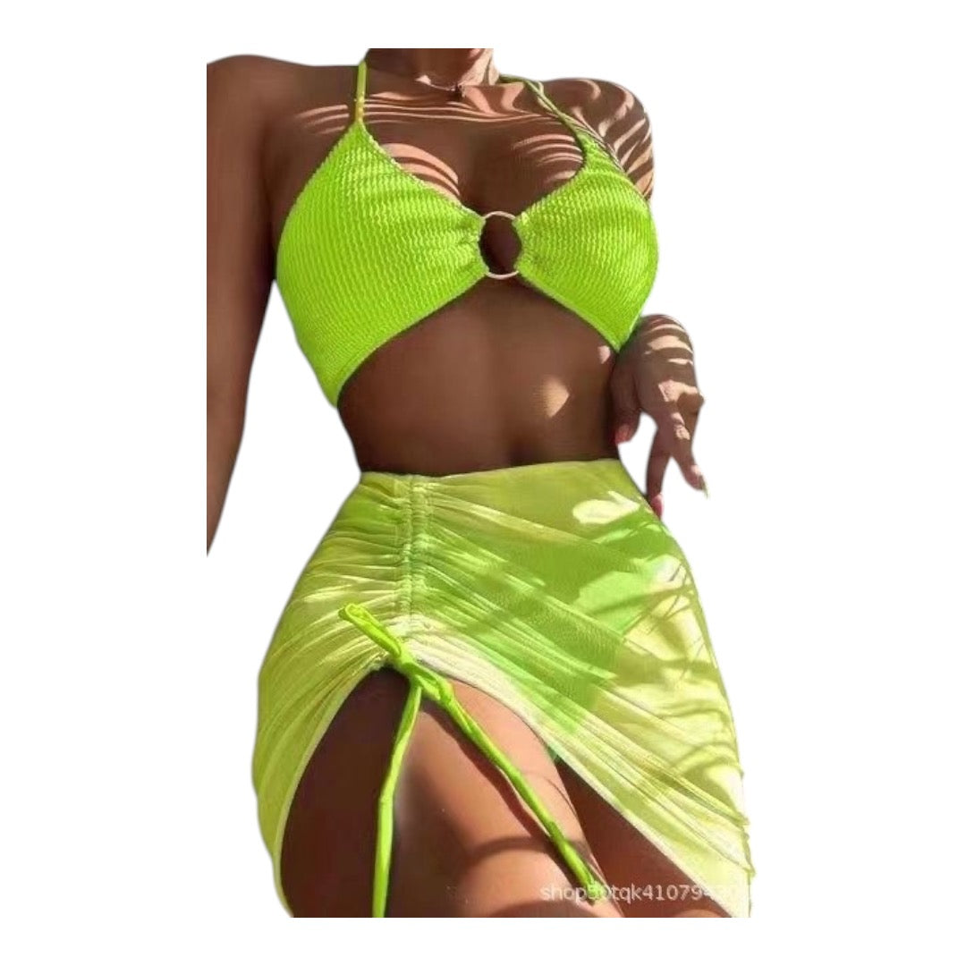 Ladies 3 Pieces Mesh Skirt Swimsuit Women Halter Micro Ribbed Bikini High Waist Swimwear Sexy Solid Beachwear Bathing Suit Various Colours
