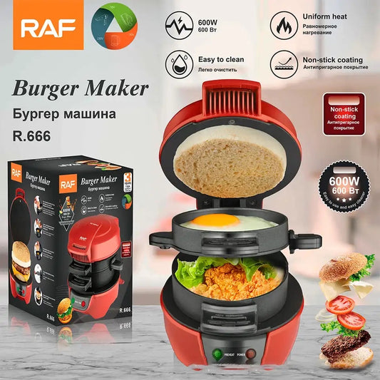 RAF R.666 600W Red Non-Stick Double-Sided Sandwich & Breakfast Maker - Mini Burger Panini Press With Auto Assembly