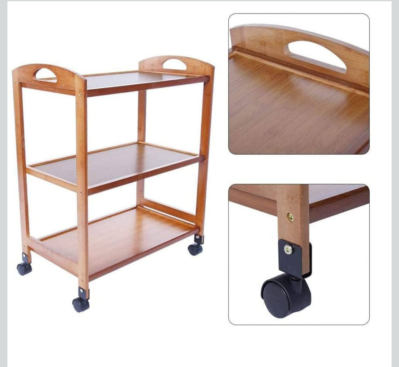 MFurn Bamboo Kitchen Trolley,3 Tier Kitchen Storage Rack Serving Trolley Island Cart with Rotating Wheels.