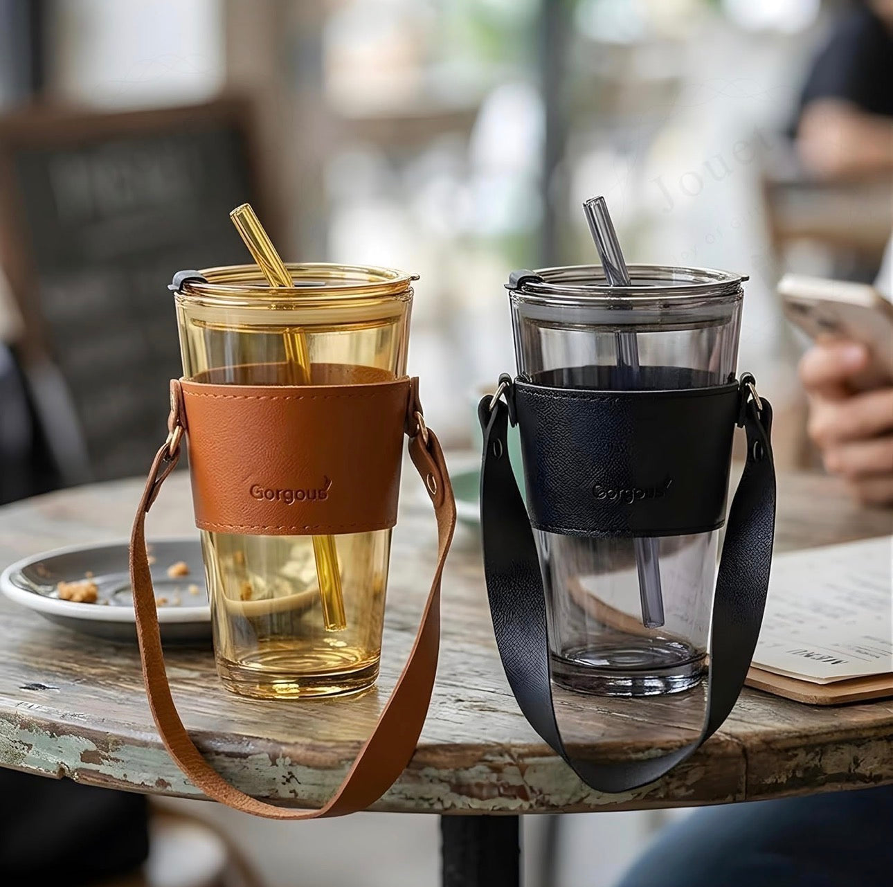 MHome Glass Tumbler with Leather Sleeve and Straw, 450ML,Clear|Stylish Coffee & Juice Sipper Bottle|Reusable Water Cup with Straw & Lid |Premium Clear Drinking Bottle for Gym,School &Travel.